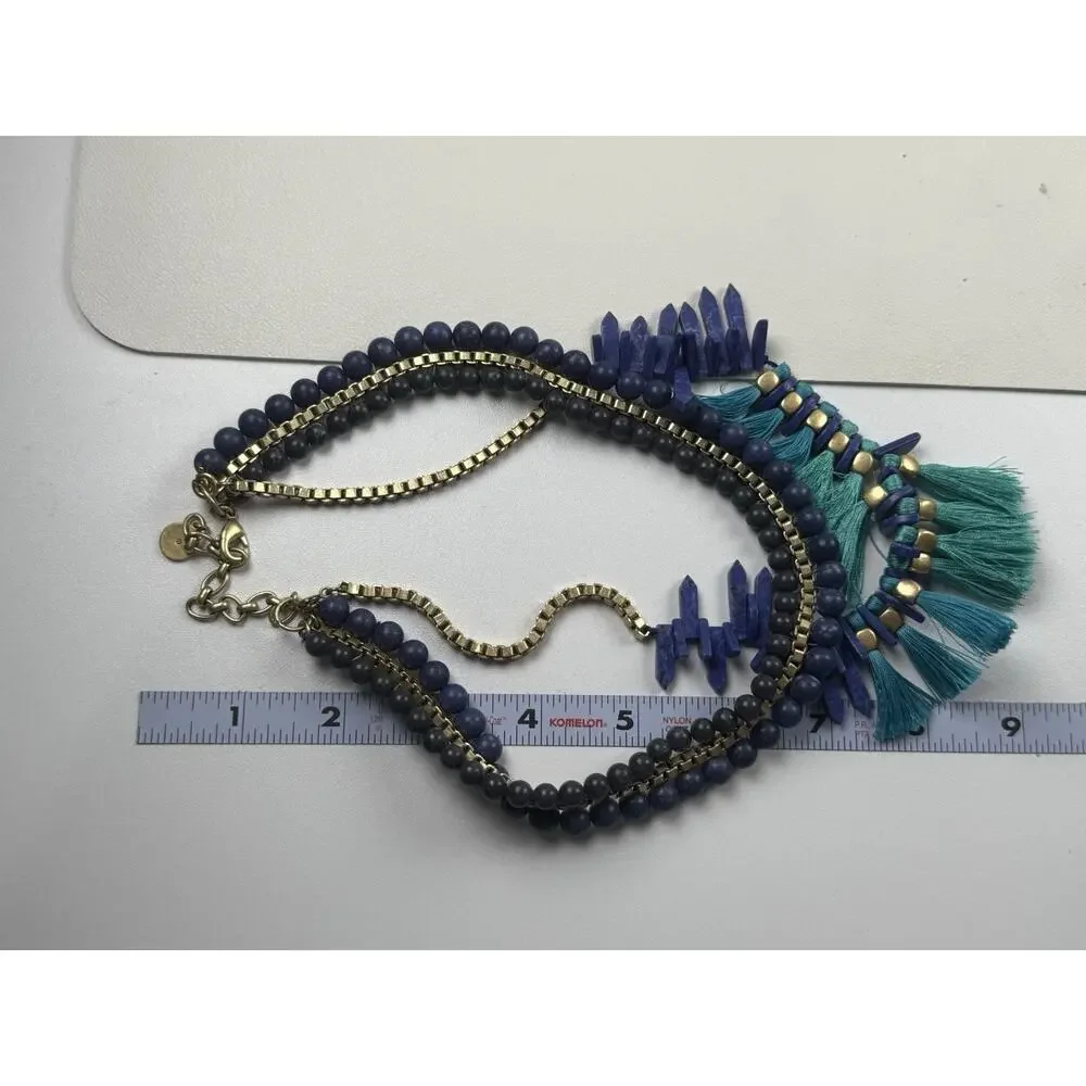 Stella & Dot Tresse Statement Necklace Faux Lapis Faux Turquoise Blue Fringe 16